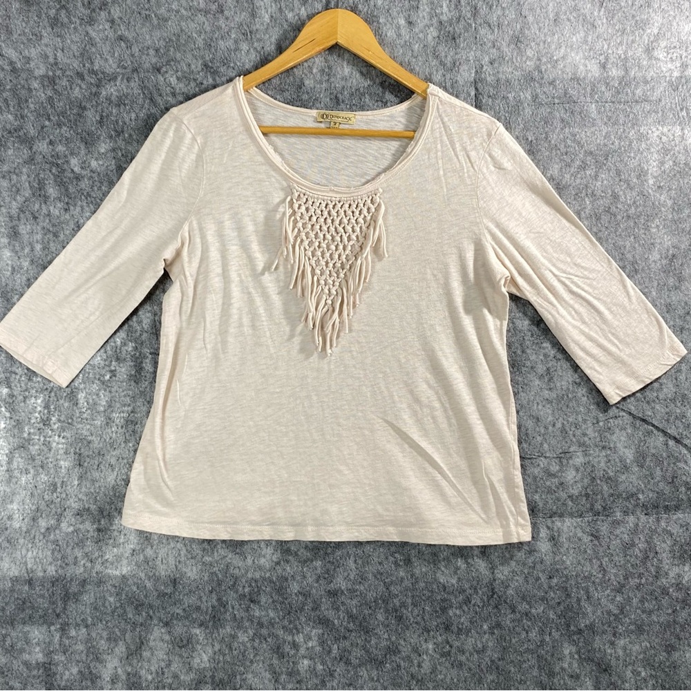 Democracy Womens White Fringe Neck 3/4 Sleeve Blouse Size‎ M